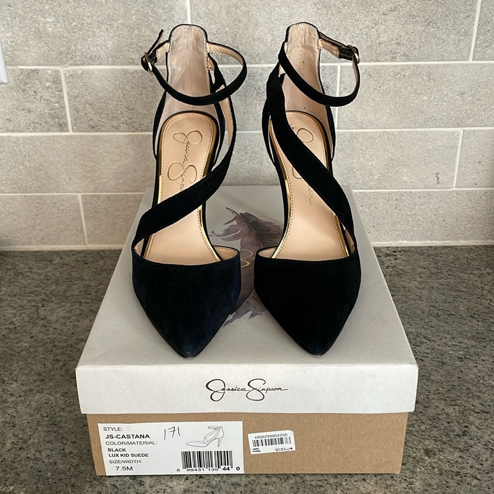 Black suede ankle strap pumps